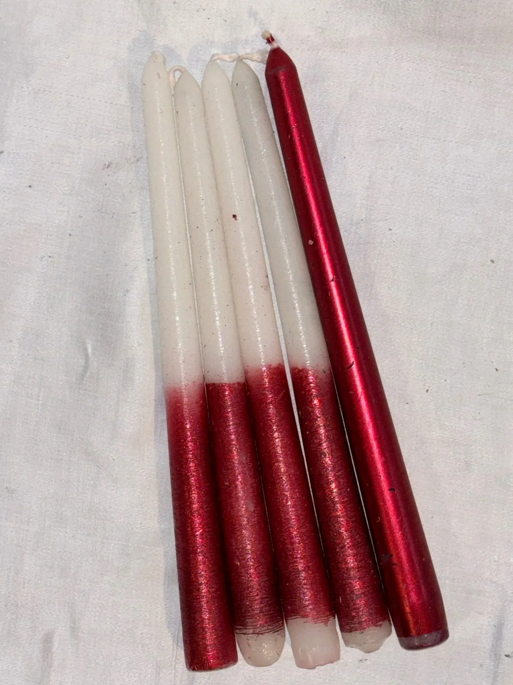 Holiday Taper Candles Set of 5 Red White Metallic Glitter 10” Christmas Decor